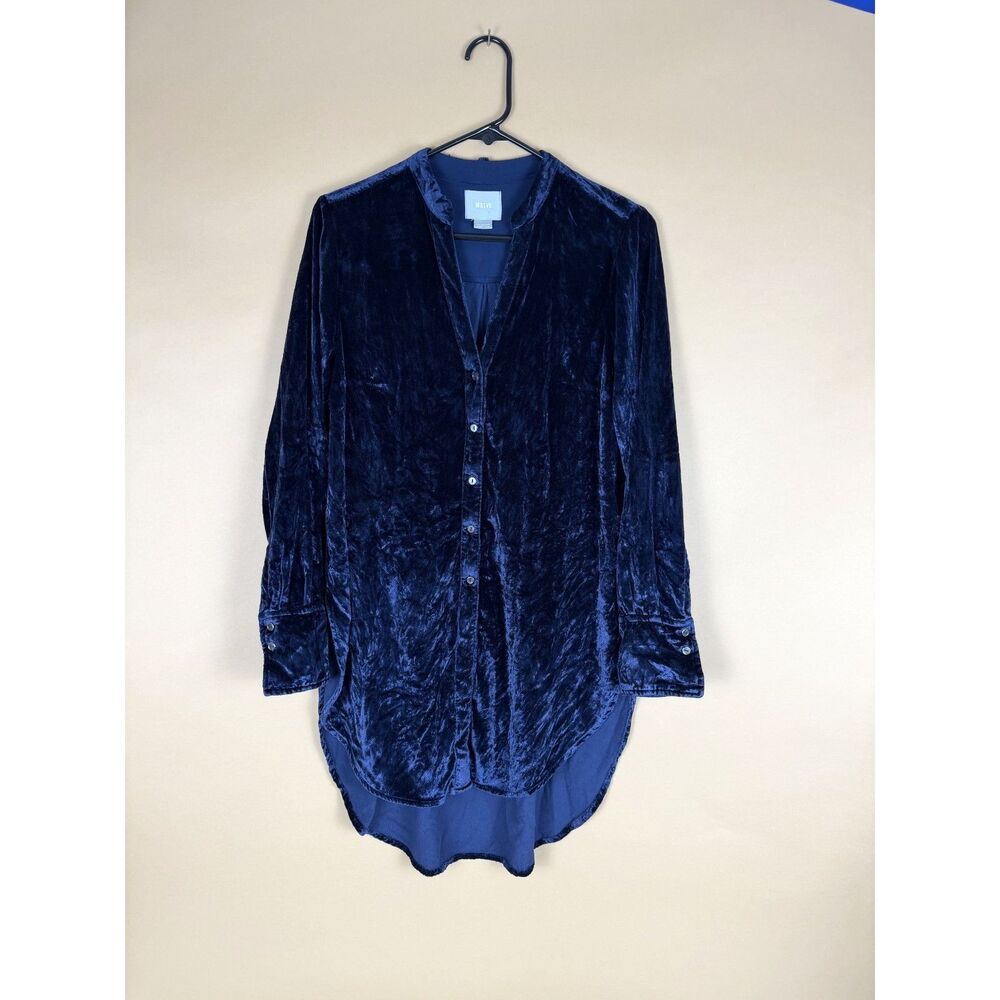 Maeve Anthropologie Navy Blue Velvet Button Down Tunic High Low Top Size 4